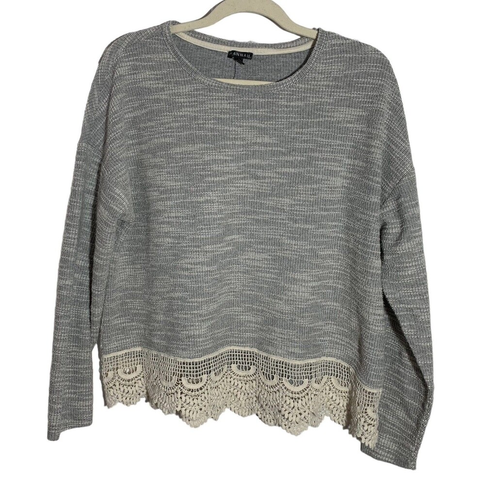 Hannah Women's Size Large Heather Gray Crochet Lace Hem Pullover Top